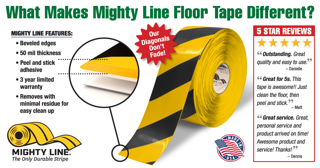 Mighty Line 3" Yellow and Black Diagonal Floor Tape. Mighty Line Hazard Floor Tape has beveled edges, colors do not fade, increased durability with 50 mil thickness, and Made in the USA.