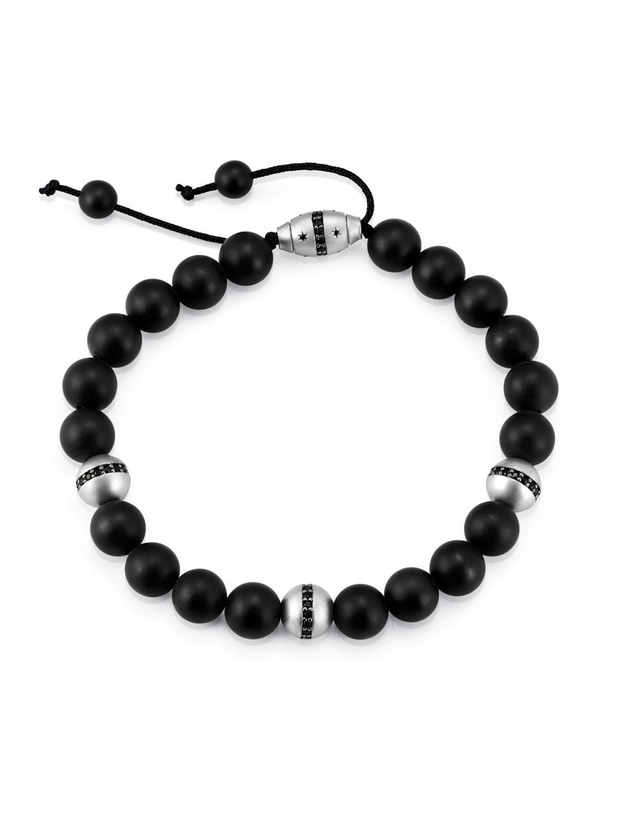 Mens black beaded bracelet finished in pure platinum