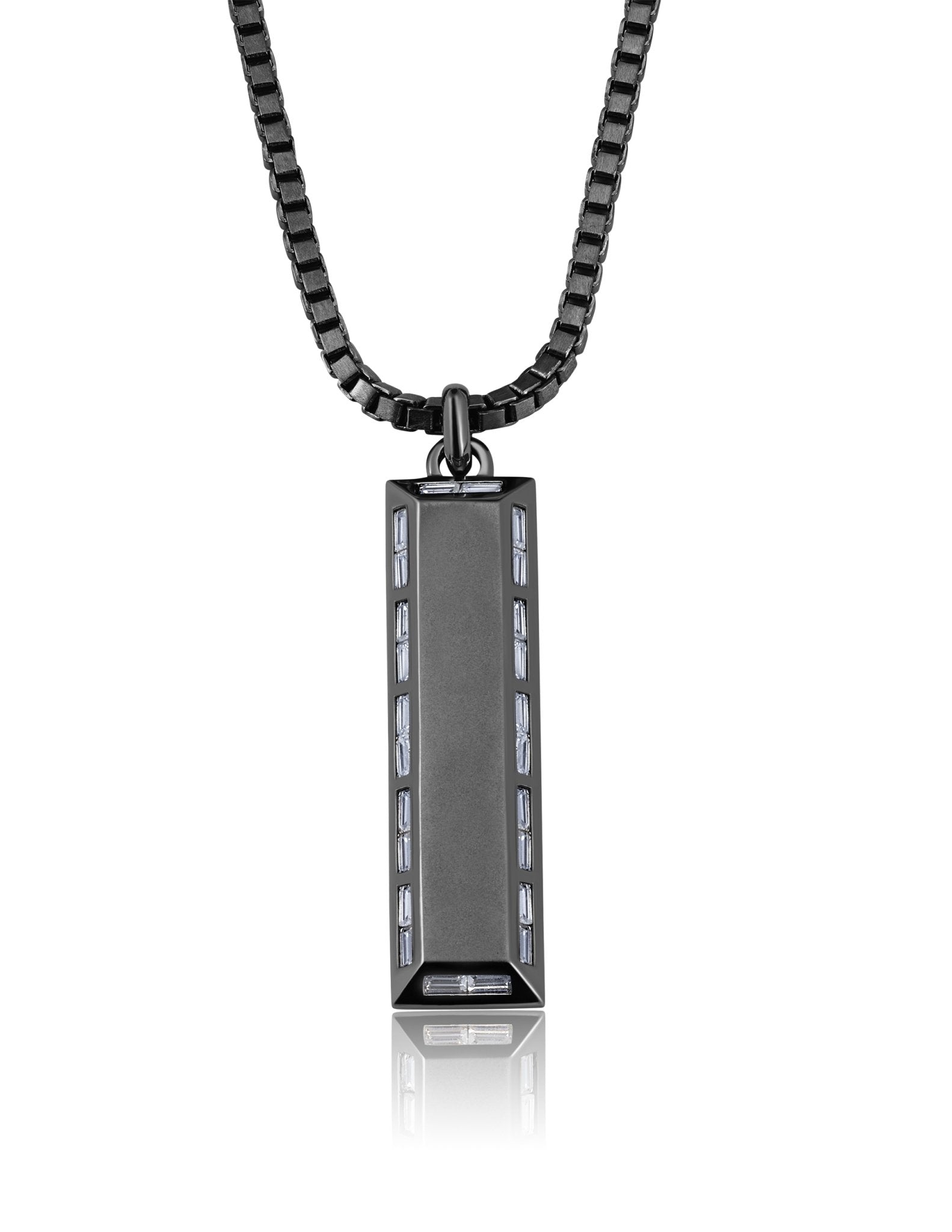 Mens Matte Box Chain Bar Necklace with Baguettes Finished in Black Rhodium - CRISLU product image