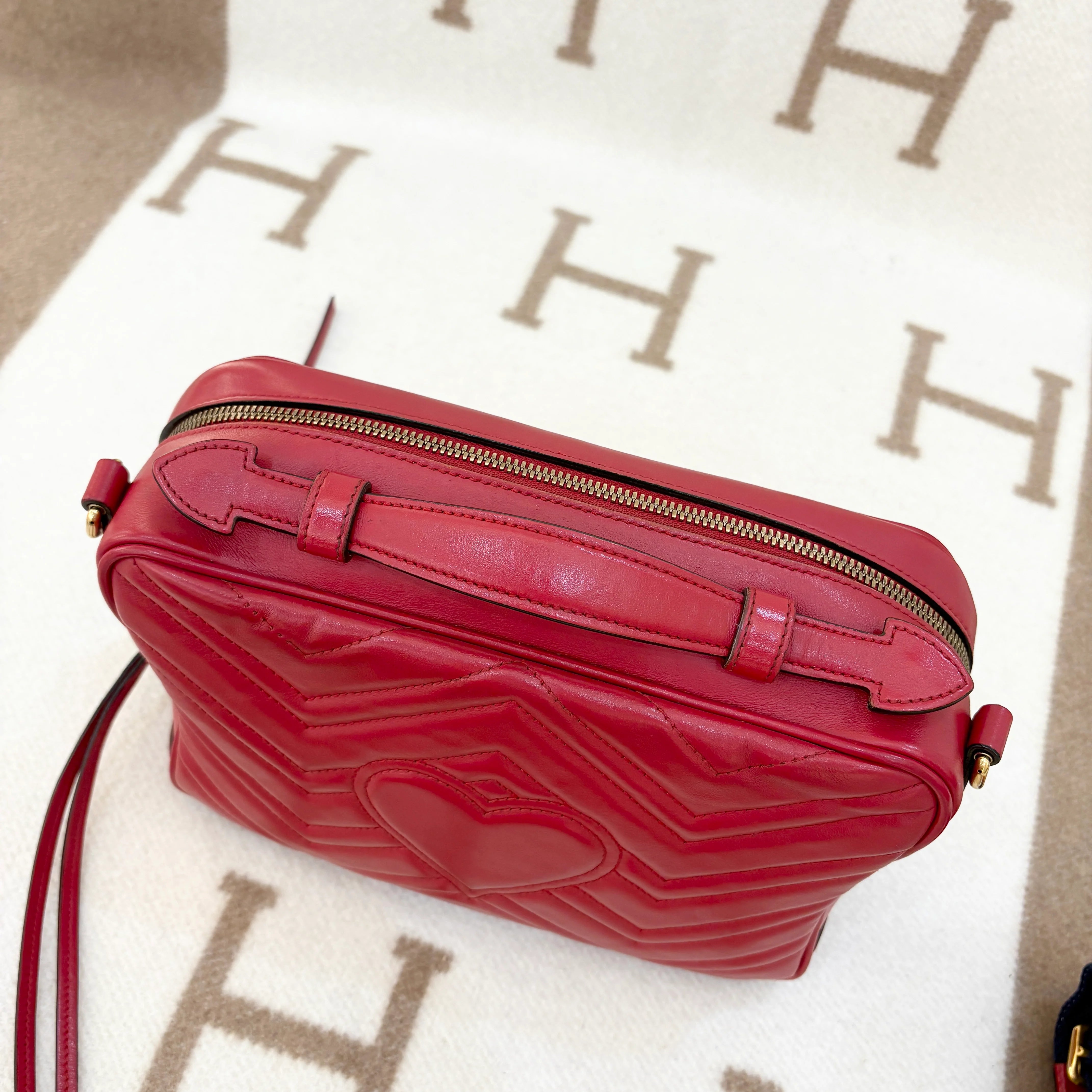 Gucci Chevron Quilted Small GG Marmont Top Handle Chain Shoulder Bag Calfskin Red - 0329n7-13