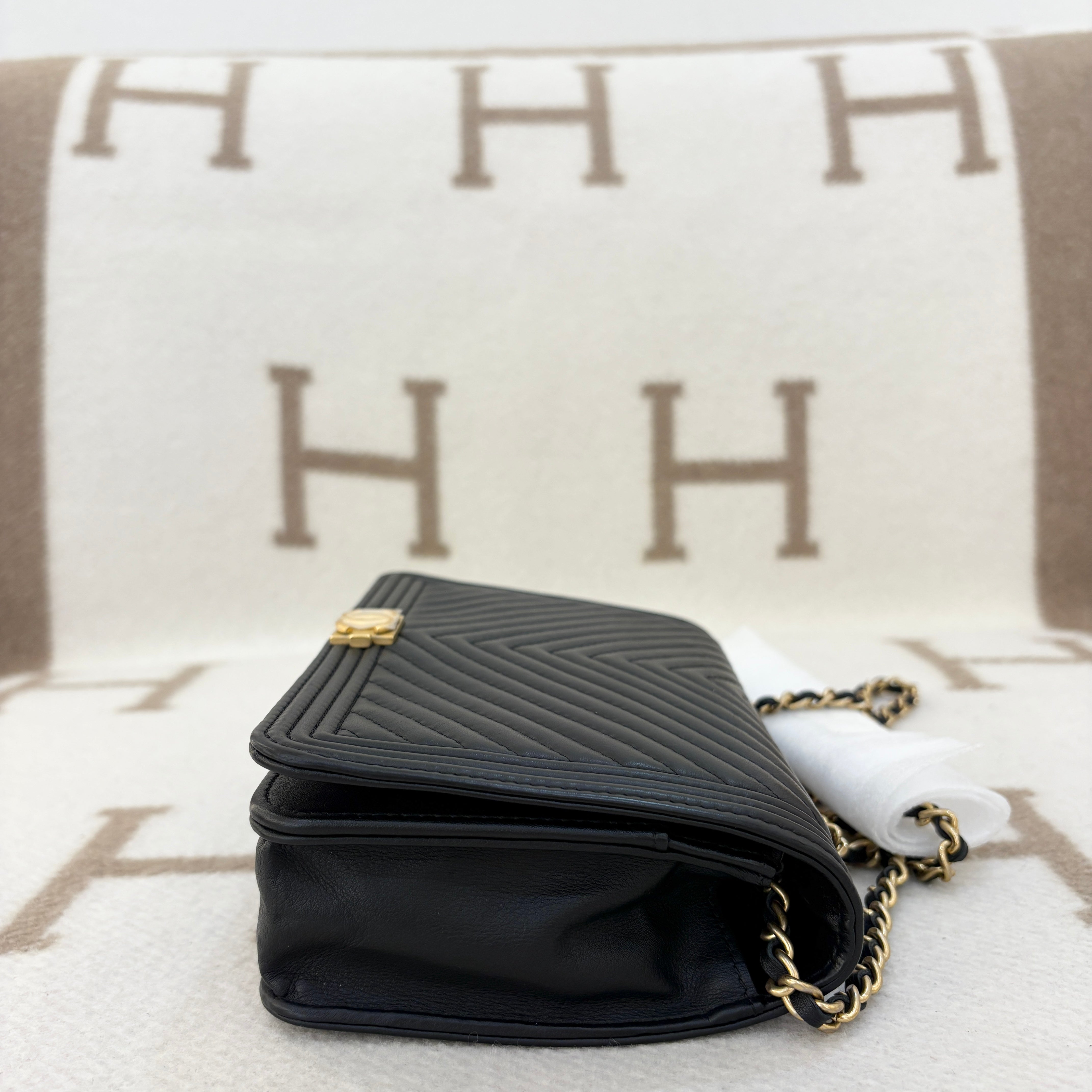 Chanel Chevron Quilted Boy Wallet On Chain WOC Calfskin Black - 0524q9-6