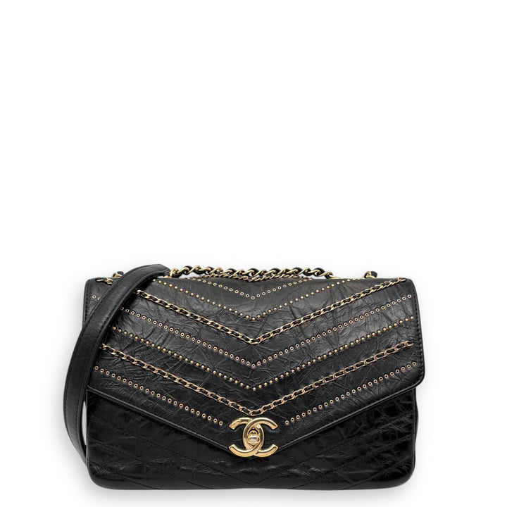 Chanel Chevron Quilted Shoulder Bag Crumpled Calfskin Black