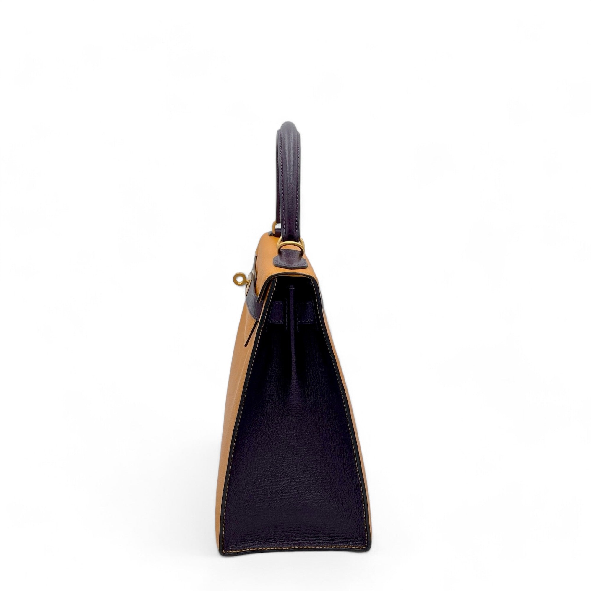Hermes Horse Shoe Kelly 28 Chevre Mysore 9V Jaune D’or N5 Cassis - 0813a1-4
