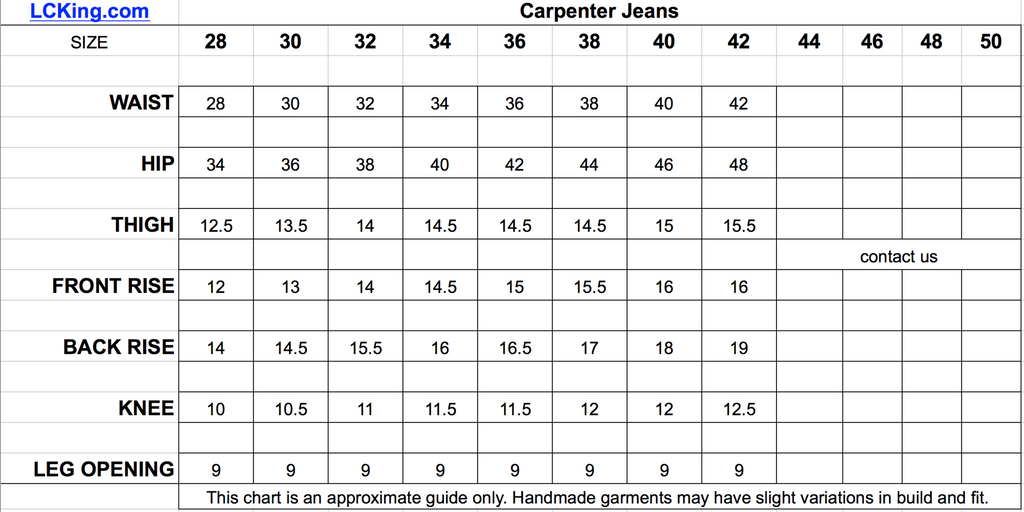 Sizing Info for LC King Jeans, Coats, Overalls, and Shirts – LC