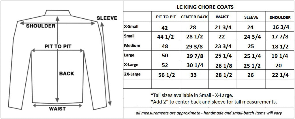 Sizing Info for LC King Jeans, Coats, Overalls, and Shirts – LC King Mfg