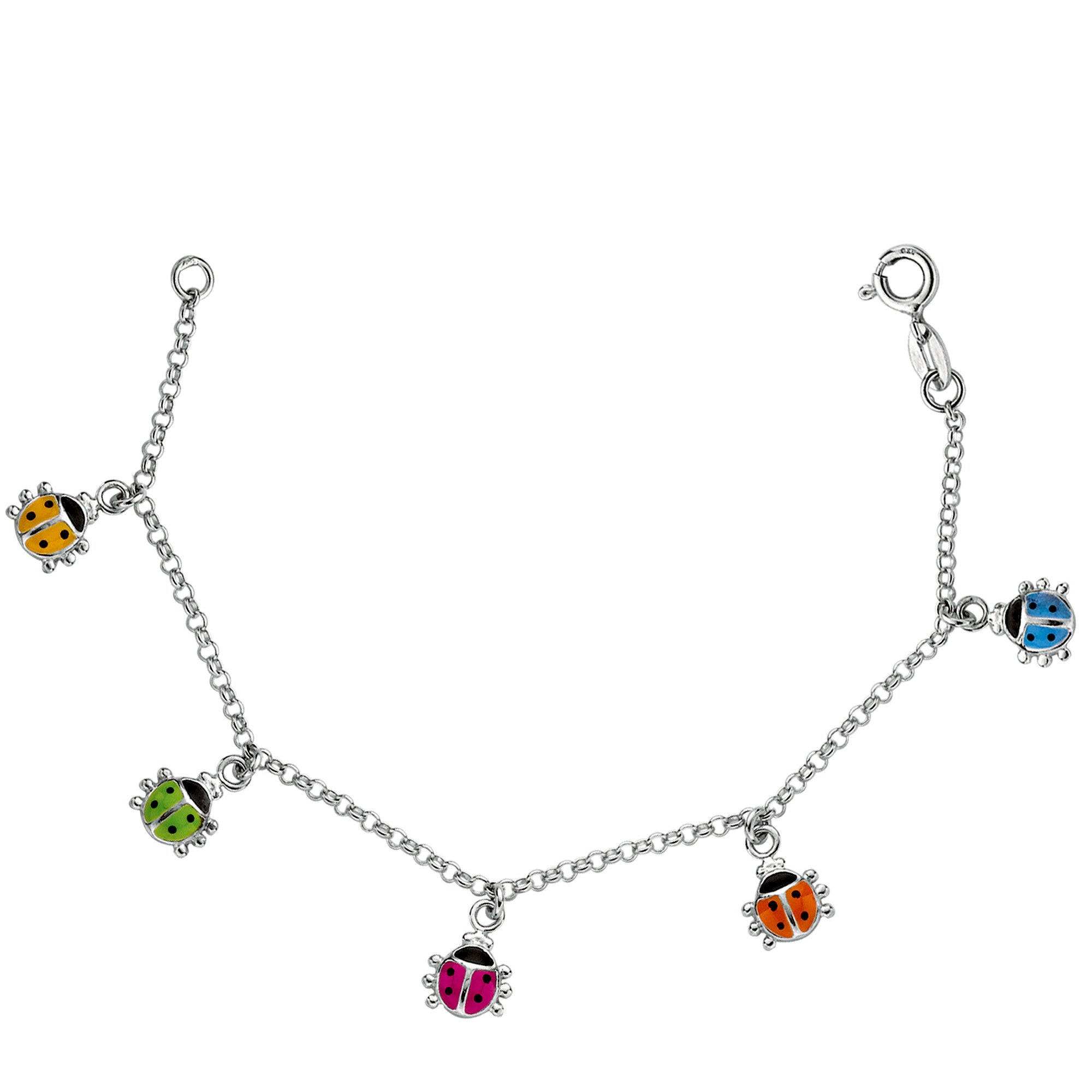 Baby Bracelet With Colorful Dangling Ladybug Charms In Sterling 