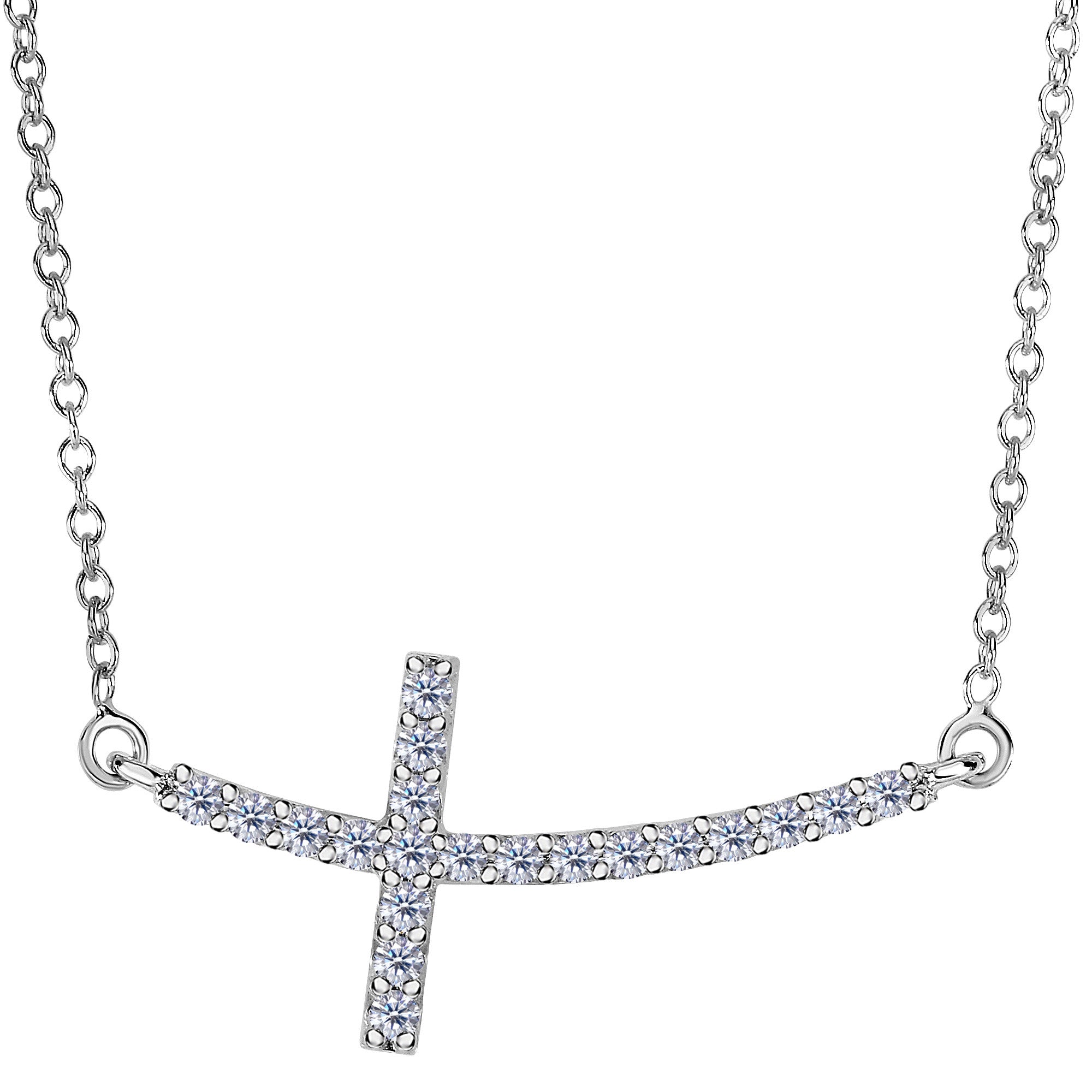 14k White Gold With 0.22ct Diamonds Curved Side Ways Cross Necklace - 18 Inches