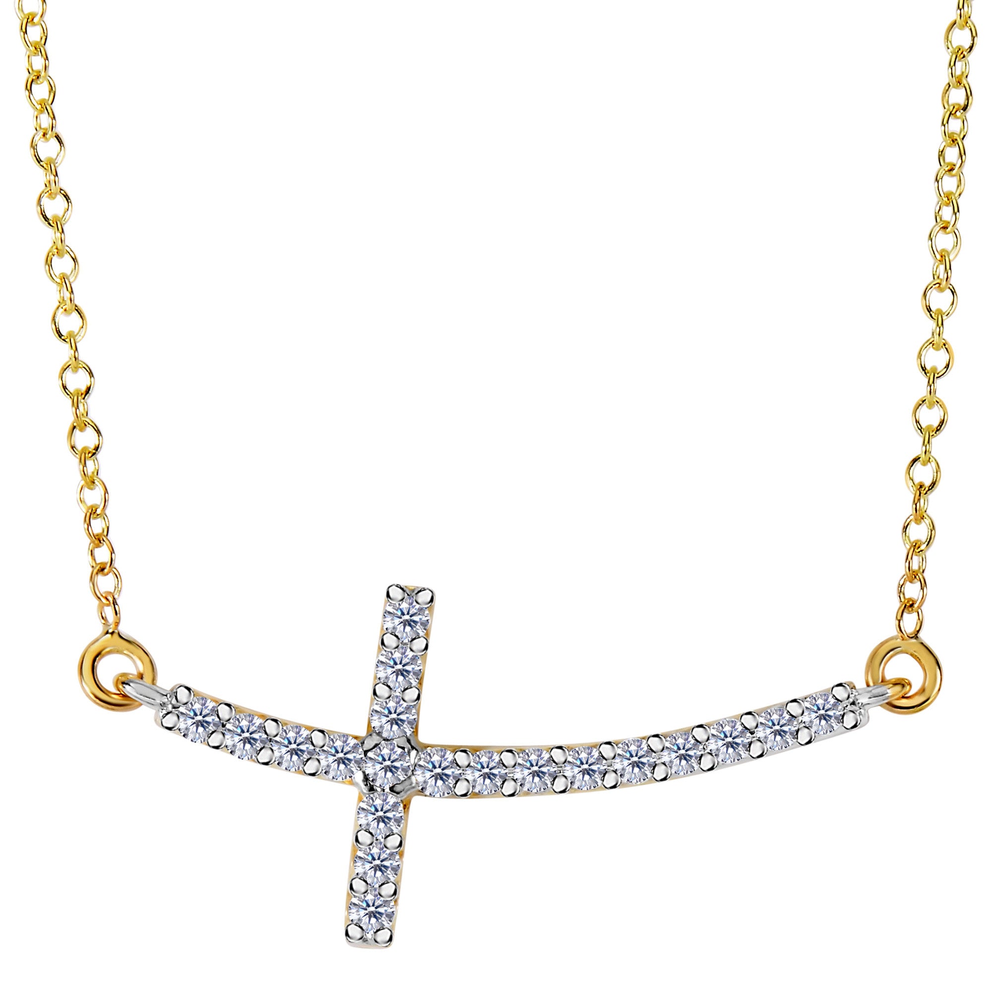 14k Yellow Gold With 0.22ct Diamonds Curved Side Ways Cross Necklace - 18 Inches