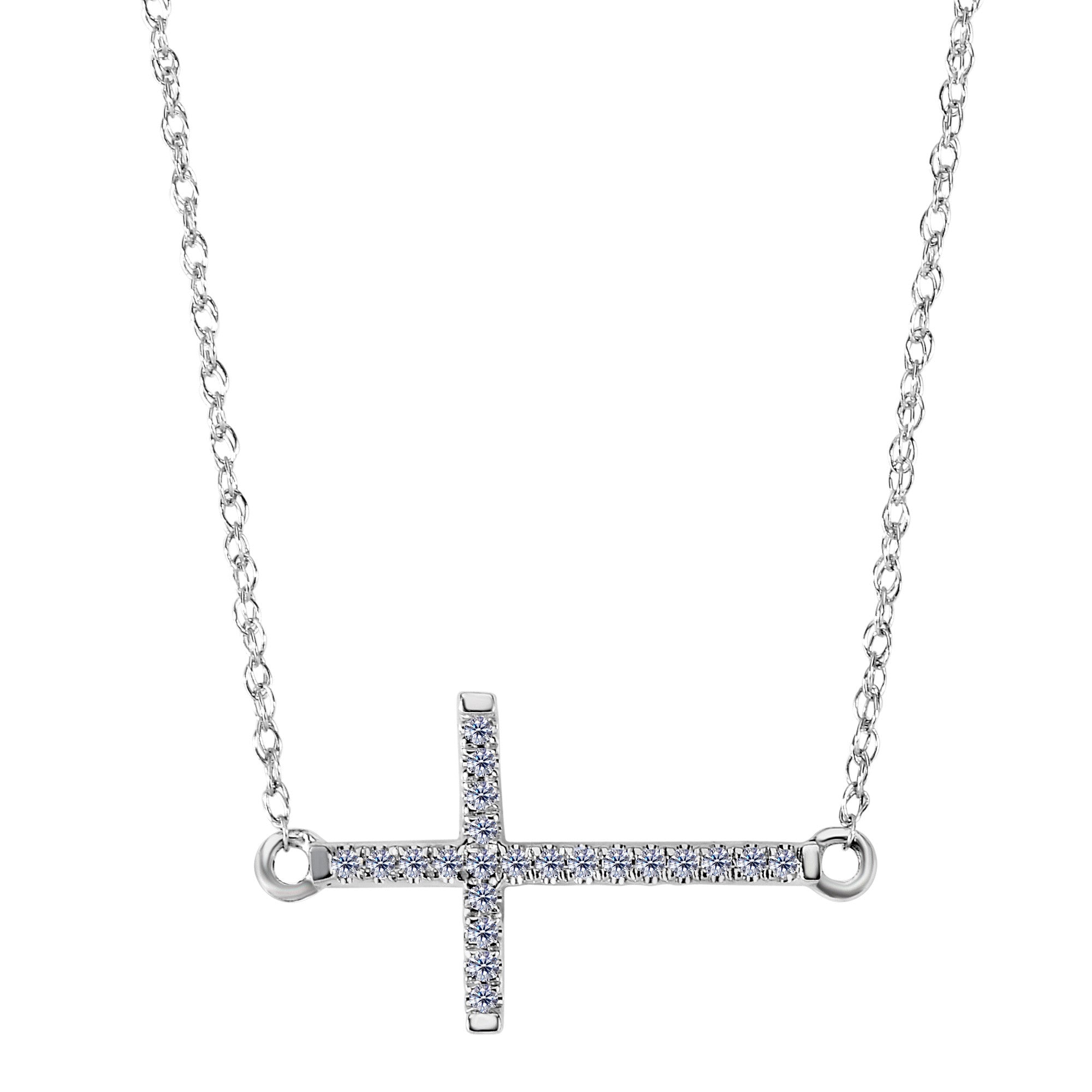 14k White Gold With 0.05ct Diamonds Side Ways Cross Necklace - 18 Inches