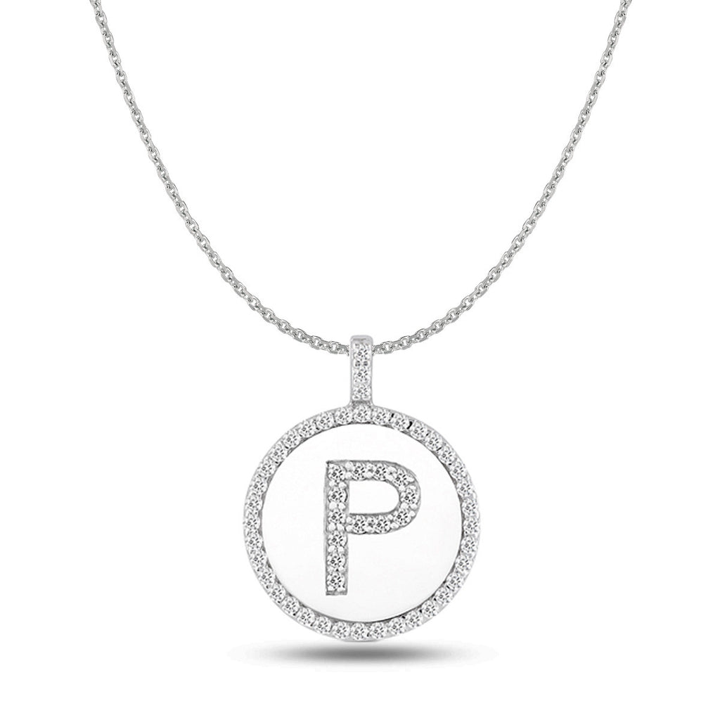 Engravable 1 inch 14K White Gold Monogram Disc Charm Necklace with Single Diamond