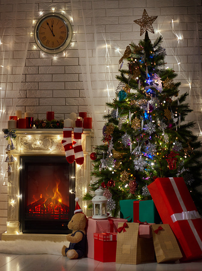 Cozy Christmas Interior Fireplace Red Plaid Decoration Printed Backdro