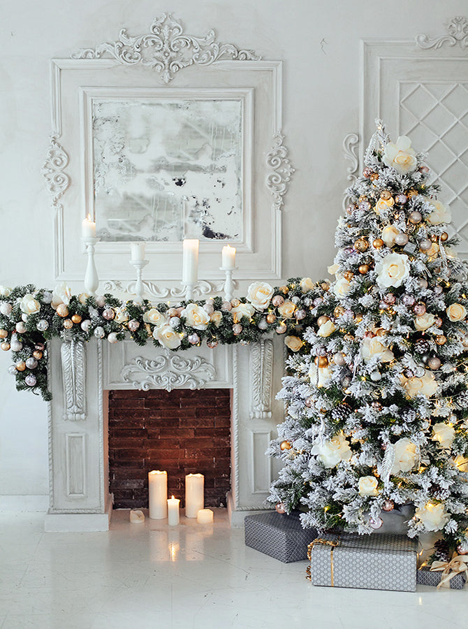 Printed Elegant White Christmas Tree Decorations and Fireplace Backdro