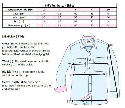 Size Chart - Country Work Shirts - Antola Trading