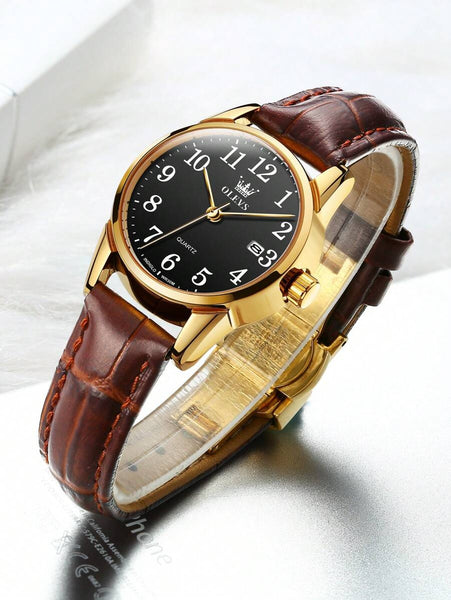 Stylish OLEVS Women's Business Dress Watch with Brown Leather Strap and Luminous Features - Elegant Analog Quartz Timepiece for Casual or Formal Wear