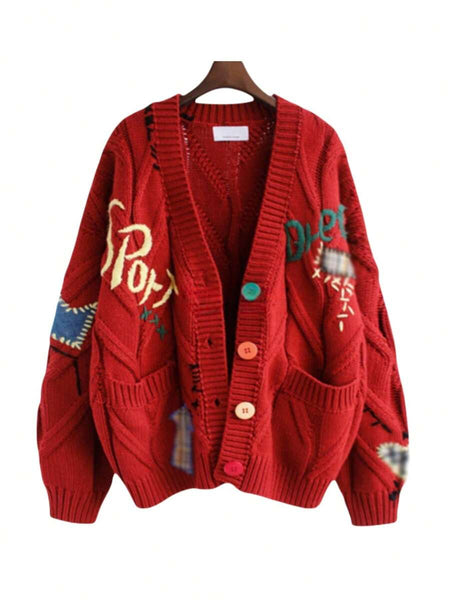 Chic Women's Lightweight Cable Knit Cardigan with Embroidery and V-Neck Design for Effortless Style