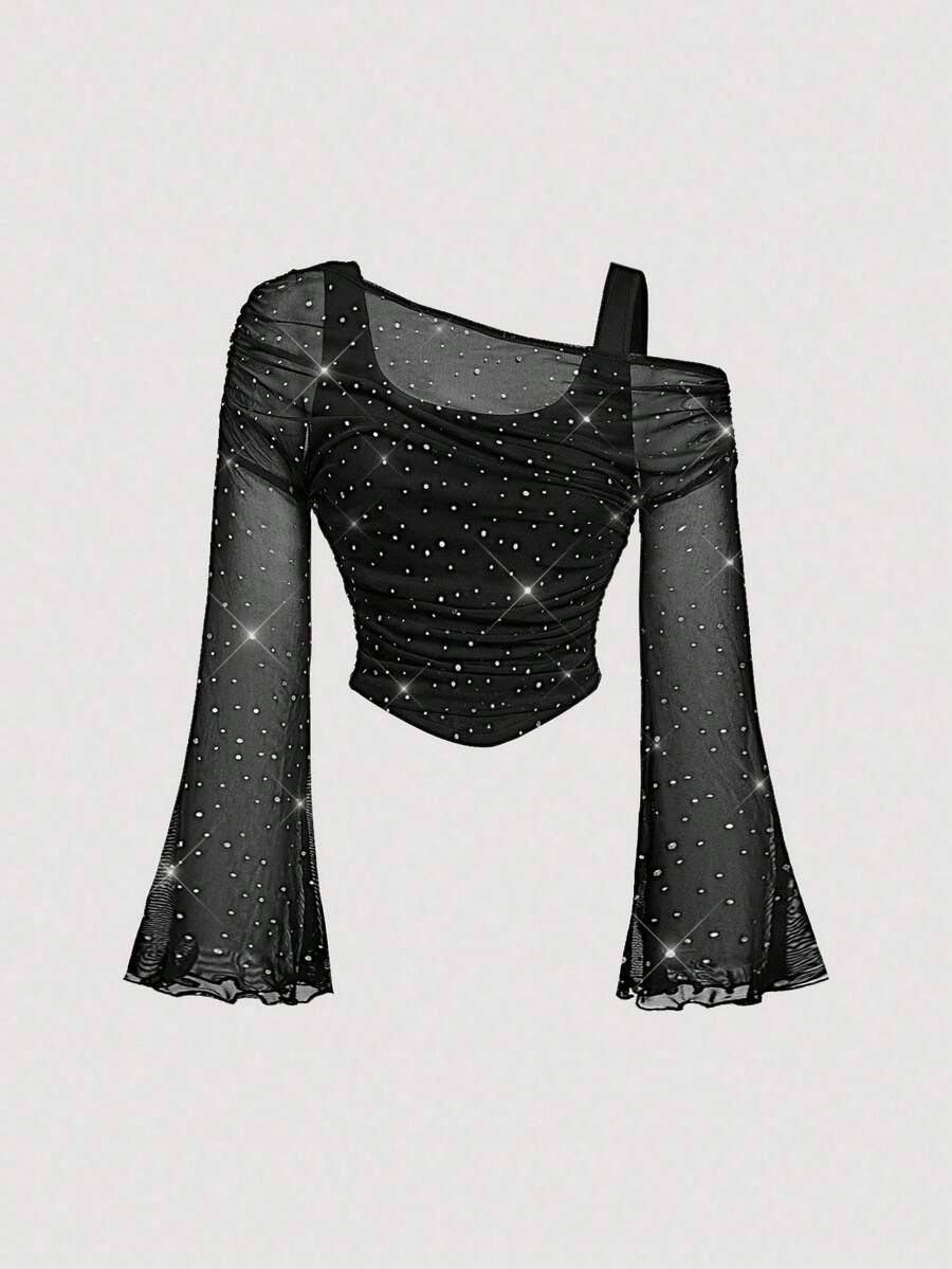 Chic Coffee Brown Asymmetrical Shoulder Top with Trumpet Sleeves – 70s Vintage Style for Fall and Halloween