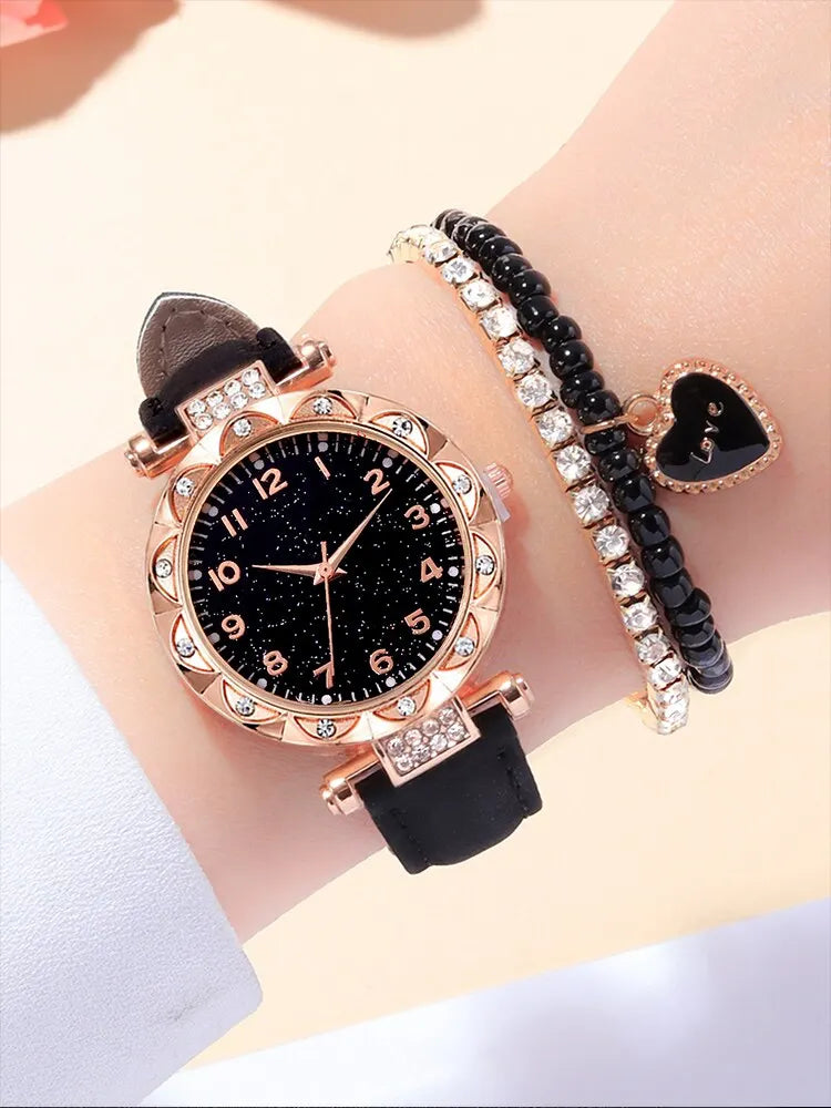 3PCs Starry Sky Diamond Embedding Women's Belt Quartz Watch with Diamond Embedding Bracelet Set