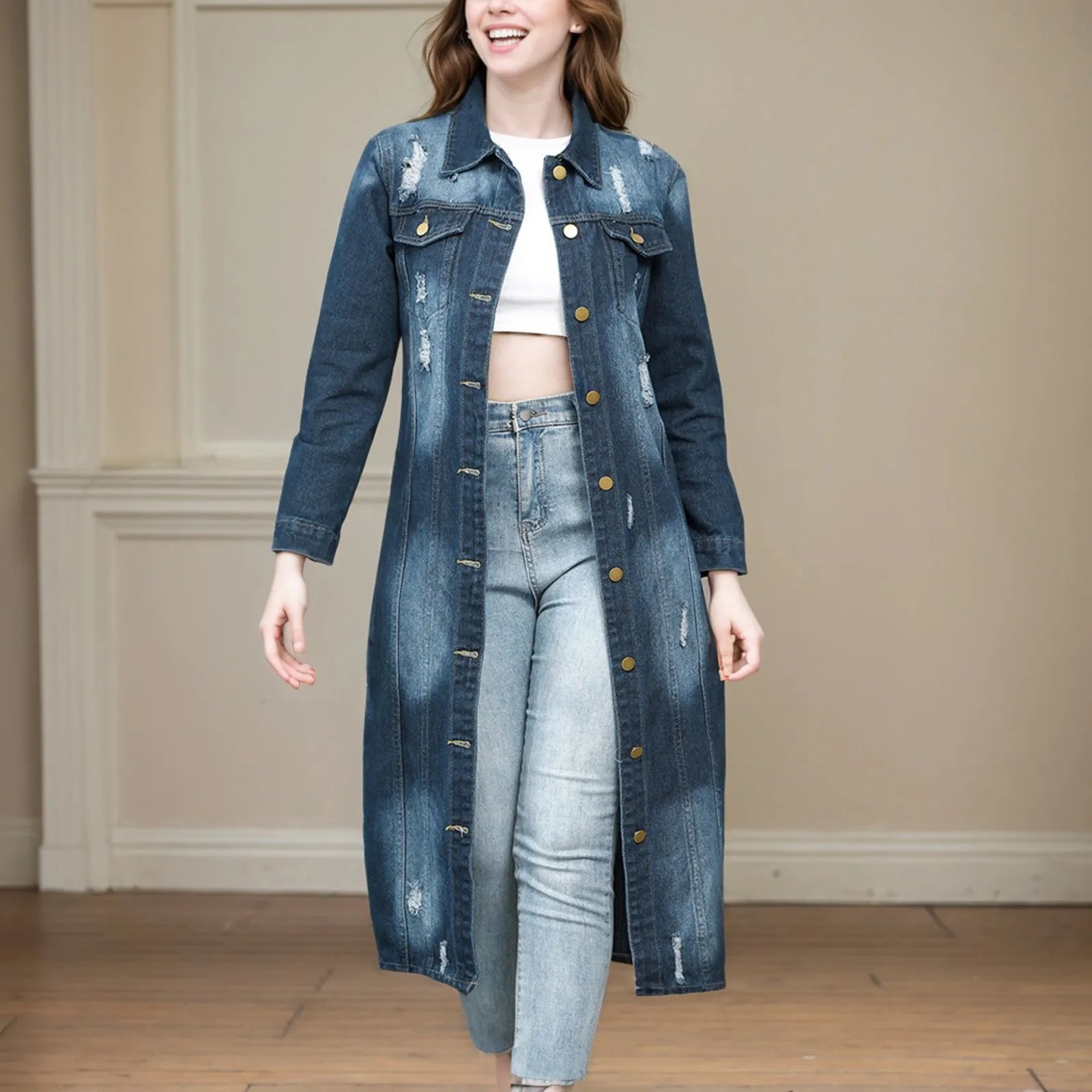 Ripped Holes Maxi Long Denim Jacket Trench Coat Plus Size Casual Denim Jacket