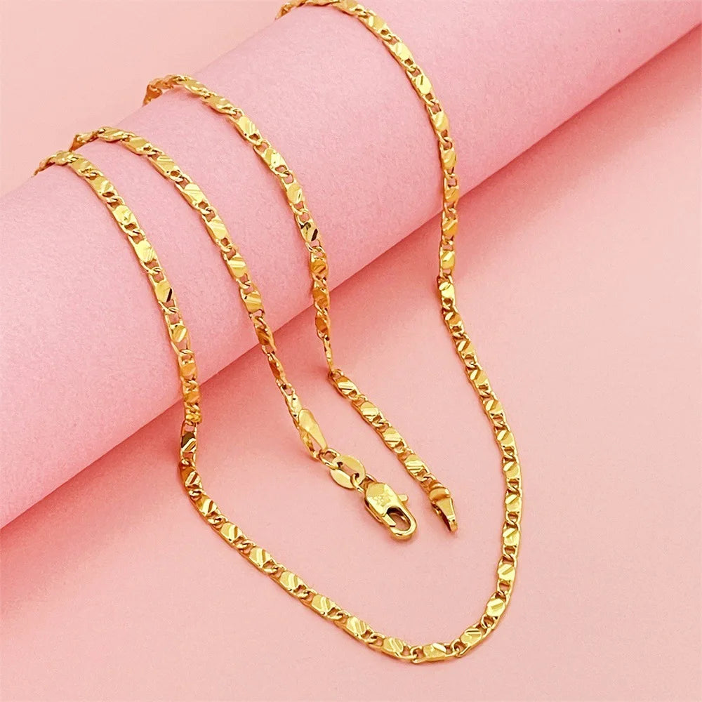 Luxury 24K 9999 Pure Gold real gold Men's and women's 2mm flat chain chain length 40cm 45cm 50cm 55cm 60cm 65cm 70cm 75cm