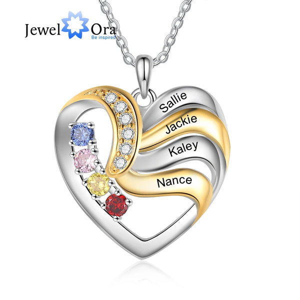 Personalized Love Heart Pendants Necklace 1-5 Kids Names Birthstone Mothers Day