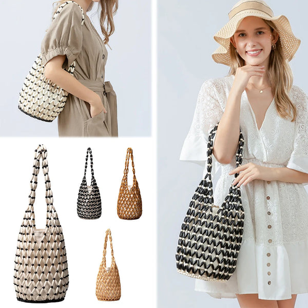 Women Hollow-out Bucket Bags Woven Hand Bag Wooden Bead Shoulder Bags Beach Top-Handle Bags Summer Netted Canvas Tote Handbag