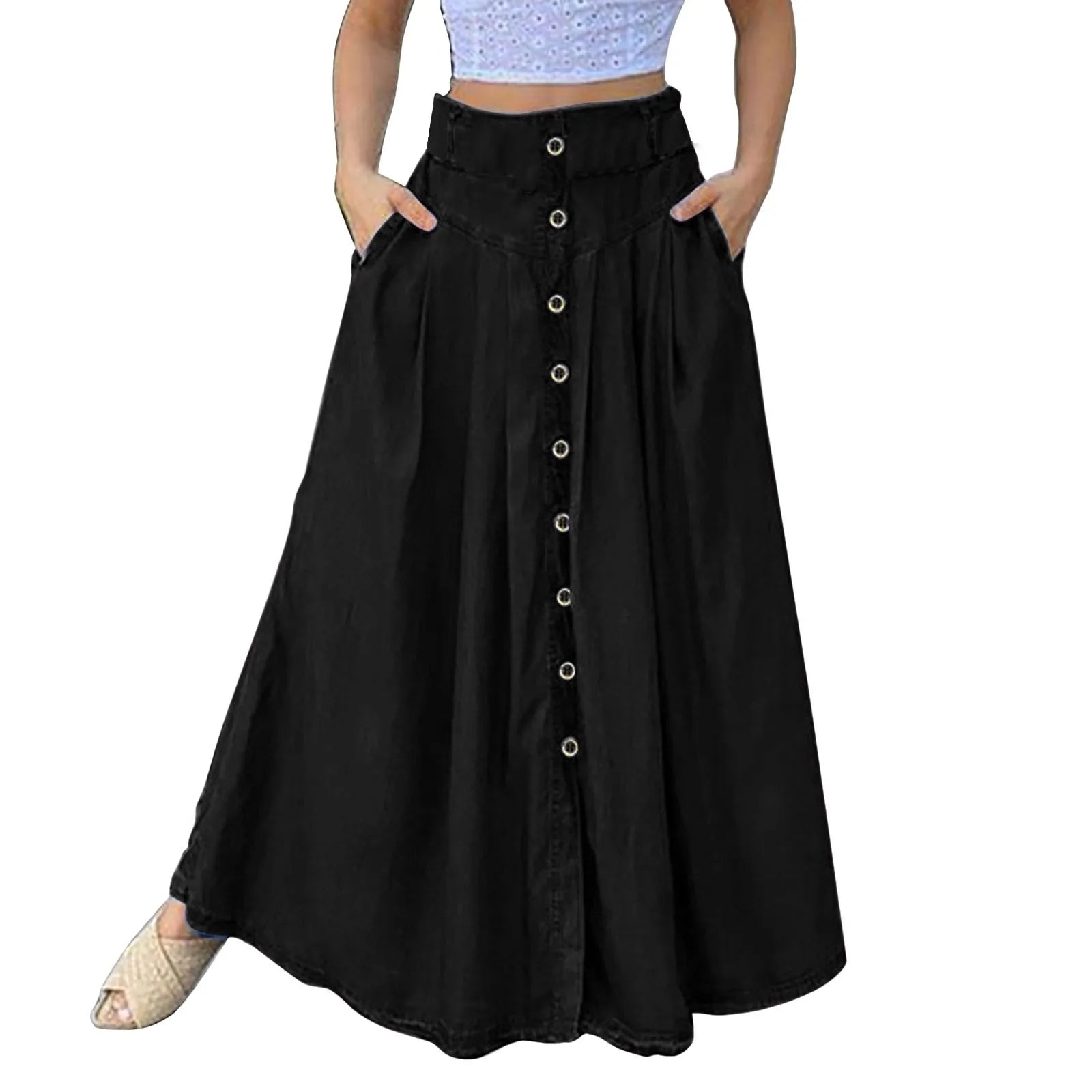 Skirt Casual Loose Solid Color A Line High Waist With Pocket Buttons Colorful Skirt