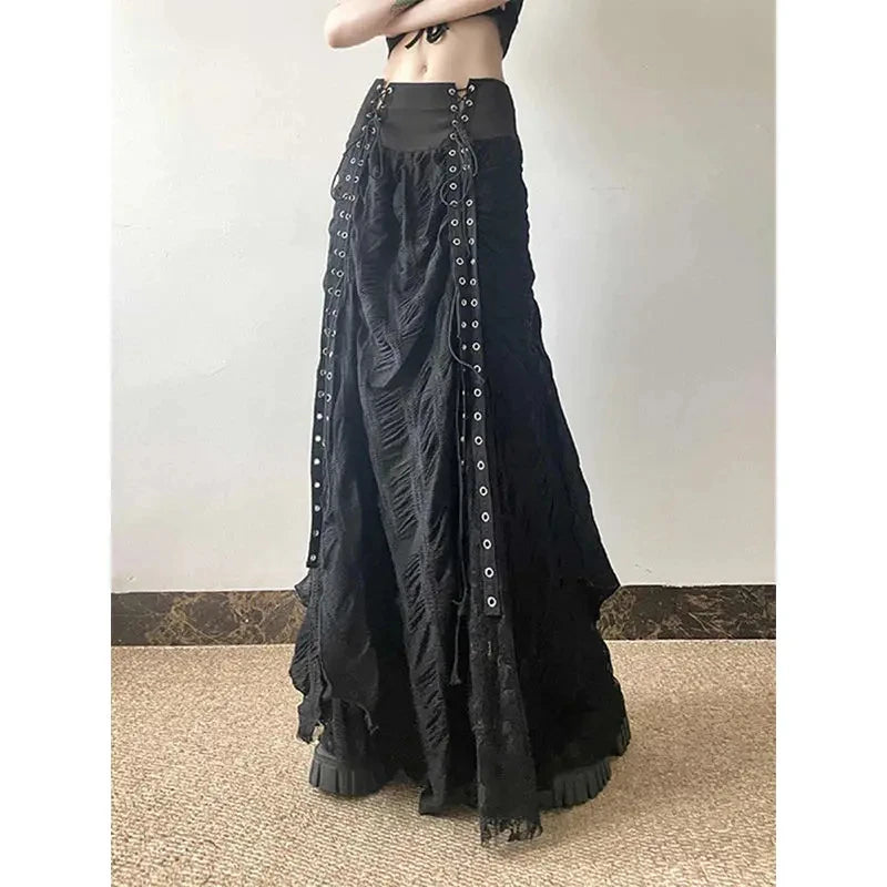 Y2K Lace Mesh Long Skirt Women Patchwork Bandage Black Skirts Gothic Aesthetic High Waist