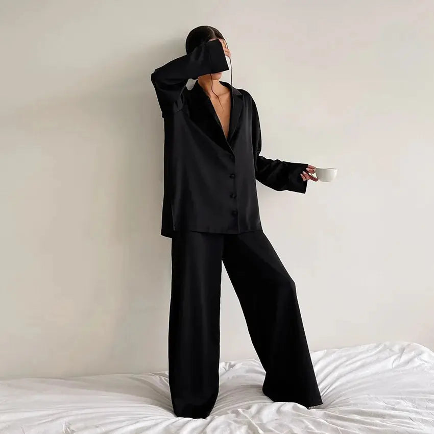 Oversized Satin Low Cut Long Sleeve Shirt and Wide Leg Pant Set