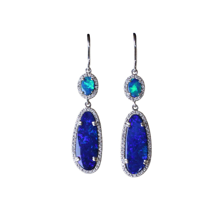 Blue opal diamond halo 925 silver dangle earrings - Ready to ship ...