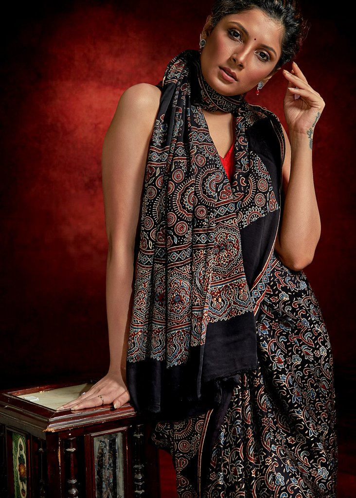 Exclusive Ajrakh block printed black modal silk saree