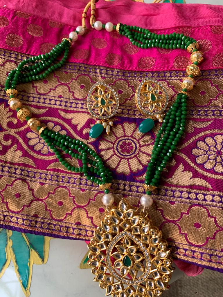 Exclusive green Jaipuri necklace set