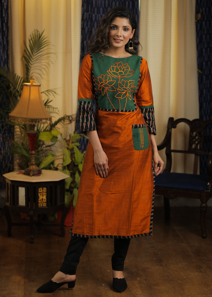 Straight Cut Rust Cotton silk Kurta with Exclusive Embroidered yoke an ...