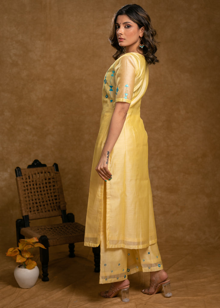 Classy Lemon Yellow Chanderi Kurta with Contrast Embroidery on Yoke and Sleeves, Dupatta and Pant Set - 3 Piece