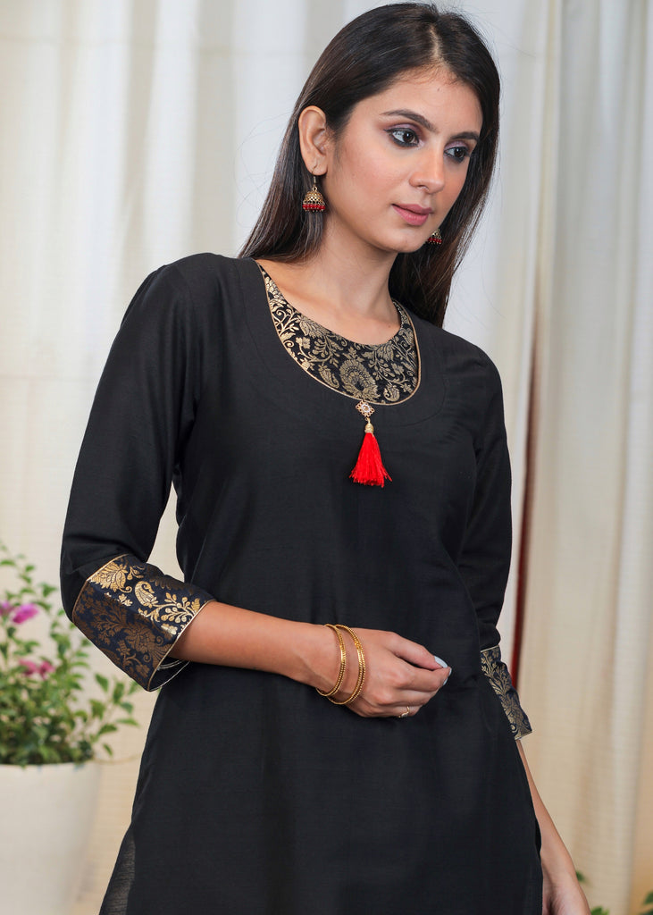 Classy Black Cotton Tunic with Pure Banarasi Details – Sujatra