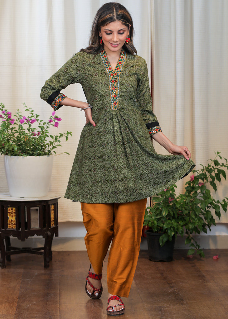 Trendy Green Ajrakh Tunic With Beautiful Handmade Kutch Mirror Embroidery