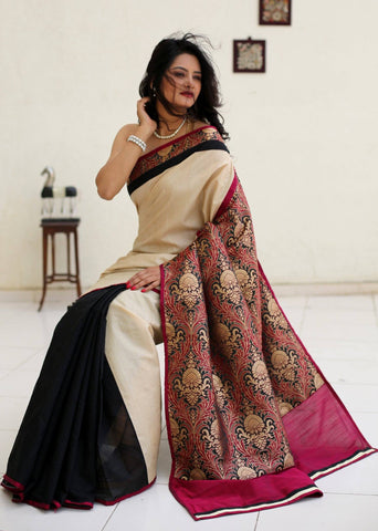 Ikat cotton Saree with pure tasar silk pallu and white chanderi pleats ...