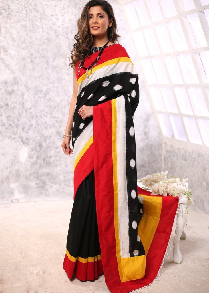 Ikat & Chanderi combination saree with red & yellow border
