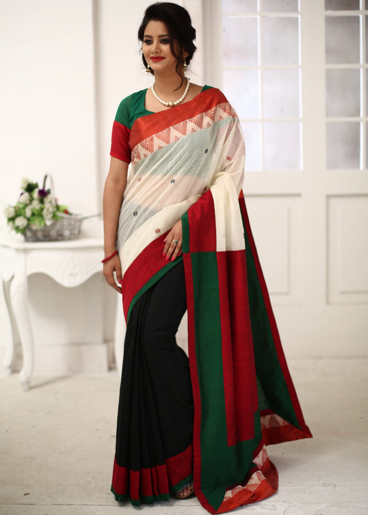 Traditional Red White Bengal Cotton With Black Chanderi Pleats