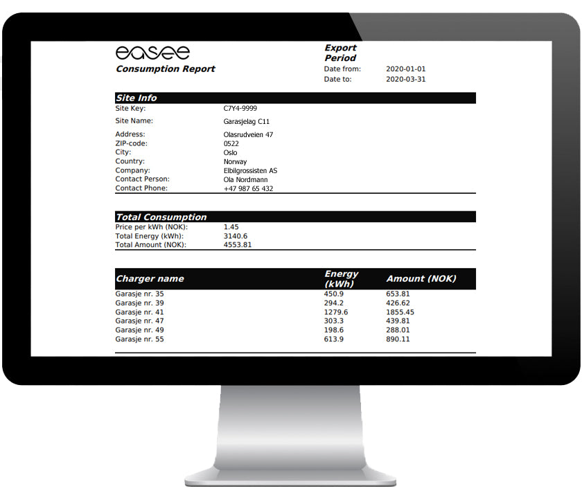 Easee Cloud - Consumption report - Forbruksrapport - Ladeanlegg - Elbilgrossisten AS