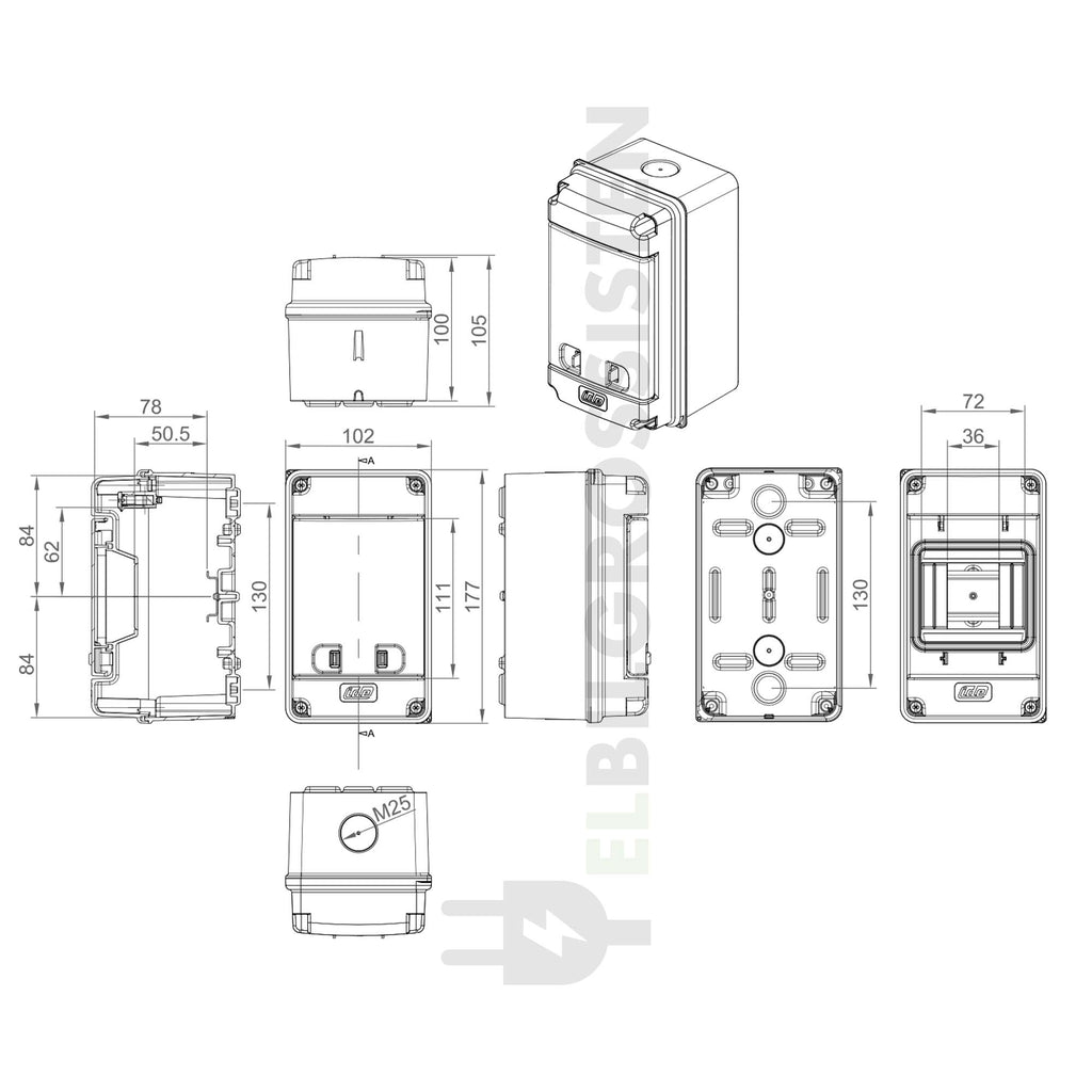 Module enclosure - Distribution box - 1x4 modules - Dimensions - Elbilgrossisten