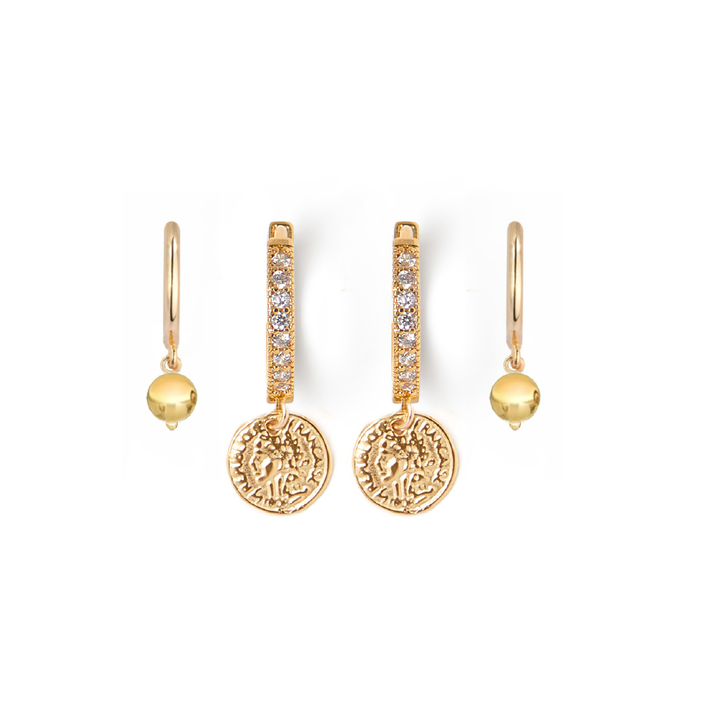 Coin + Gold Huggie Earring Set 