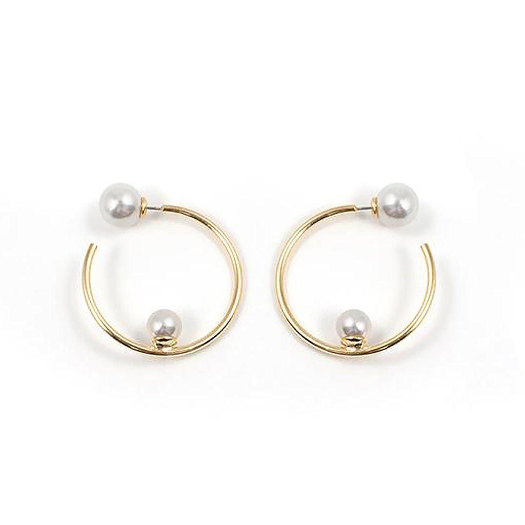 Small Hoop Earrings with Affixed Pearls & Pearl Backs - Gold / White