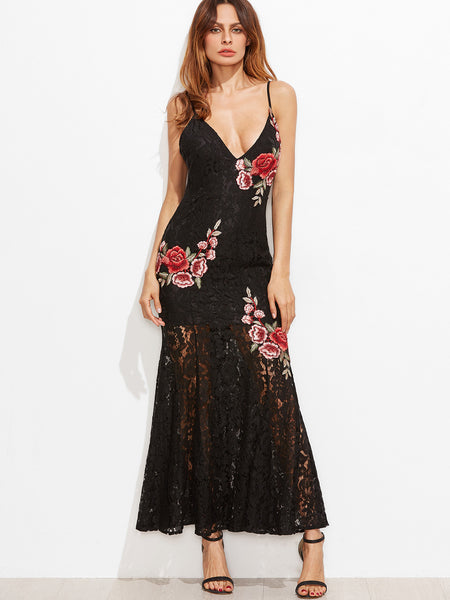 rose embroidered black dress
