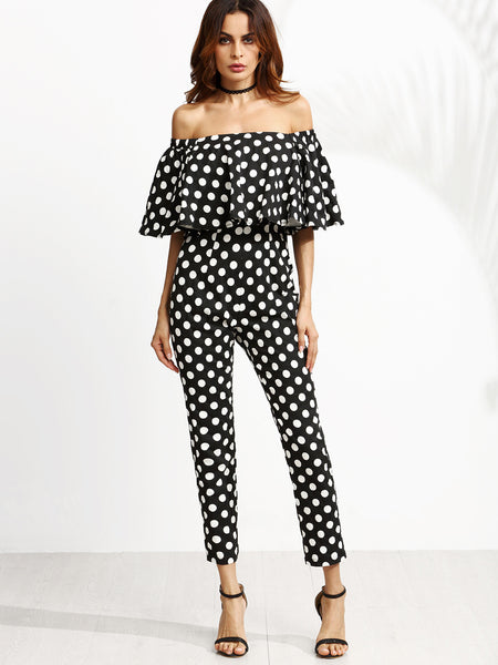 Polka Dot Print One Shoulder Belted Jumpsuit