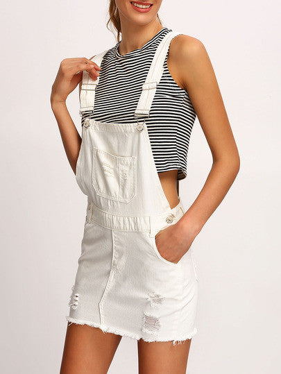 Boho Summer Trendy White Frayed Denim Overall  Dress  Lyfie