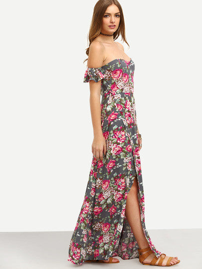 Summer Long Dress Multicolor Floral Off The Shoulder Split Maxi Dress ...
