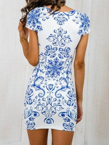 Blue and white bodycon dress