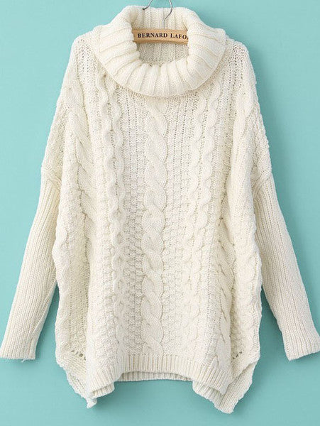 Winter Fashion White Long Sleeve Turtleneck Chunky Cable Knit Sweater ...