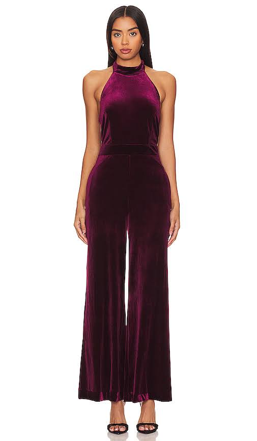1.State Women s Mock Neck Halter Tie-Neck Velvet Jumpsuit - Port - Size 8