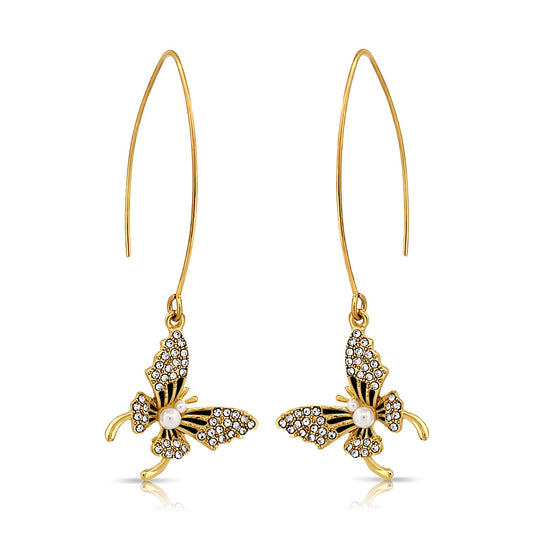 Goldtone and Rhinestones Faux pearl Butterfly Fish Hook Earrings